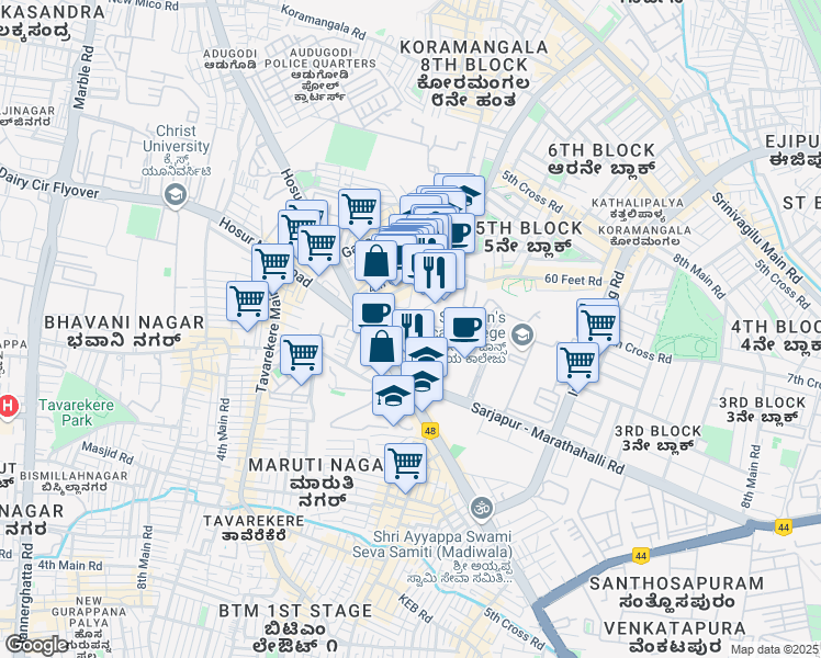 map of restaurants, bars, coffee shops, grocery stores, and more near in Bengaluru