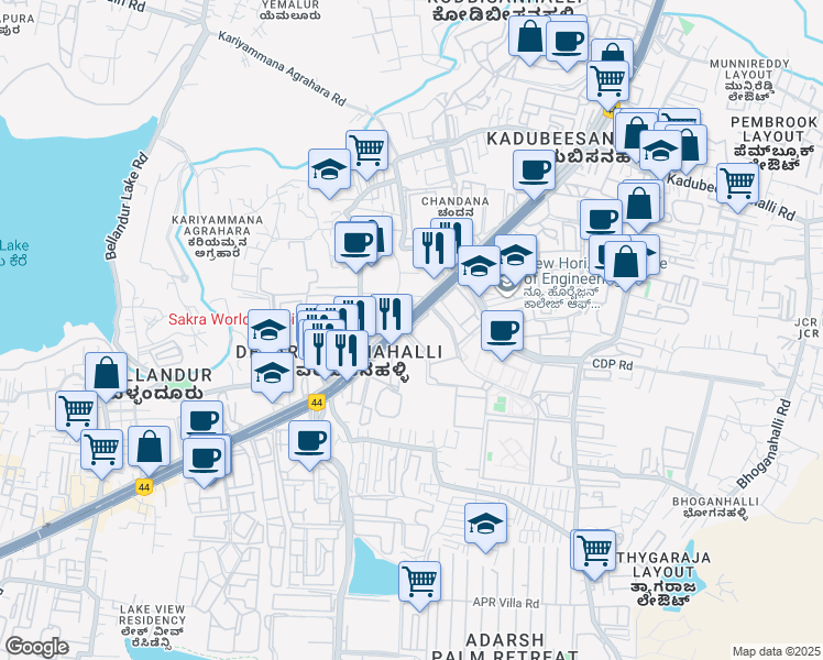 map of restaurants, bars, coffee shops, grocery stores, and more near Marathahalli - Sarjapur Outer Ring Road in Varthur