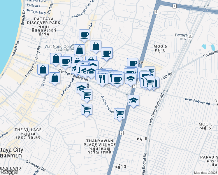 map of restaurants, bars, coffee shops, grocery stores, and more near Thanon Pattaya Klang in Muang Pattaya