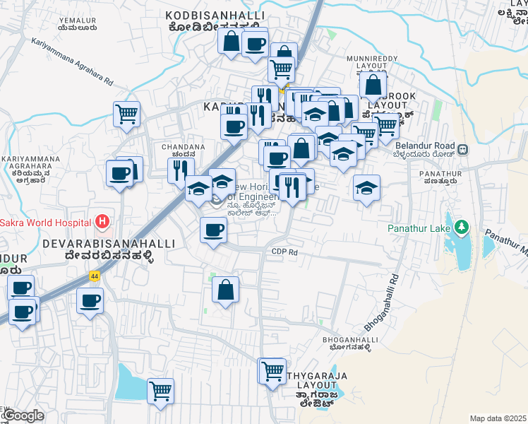 map of restaurants, bars, coffee shops, grocery stores, and more near Embassy Tech Square Main Road in Bengaluru