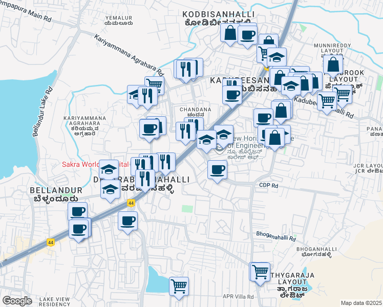 map of restaurants, bars, coffee shops, grocery stores, and more near 129 Marathahalli - Sarjapur Outer Ring Road in Bengaluru