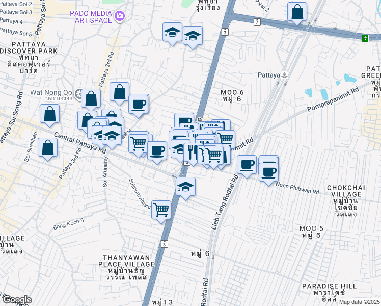 map of restaurants, bars, coffee shops, grocery stores, and more near Sukhumvit Road in Muang Pattaya