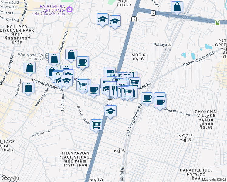 map of restaurants, bars, coffee shops, grocery stores, and more near Sukhumvit Road in Muang Pattaya