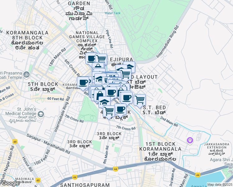 map of restaurants, bars, coffee shops, grocery stores, and more near 80 Feet Road in Bengaluru
