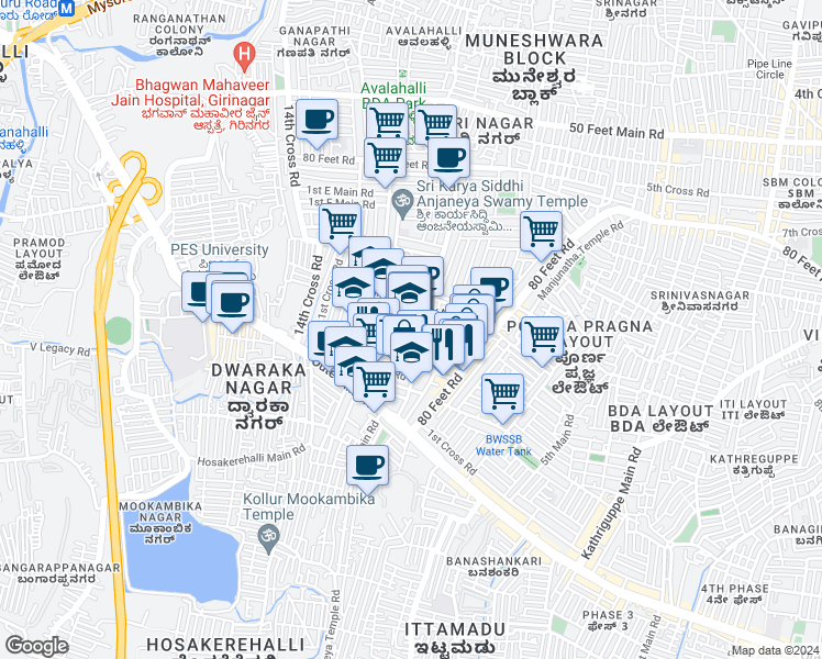 map of restaurants, bars, coffee shops, grocery stores, and more near in Bengaluru