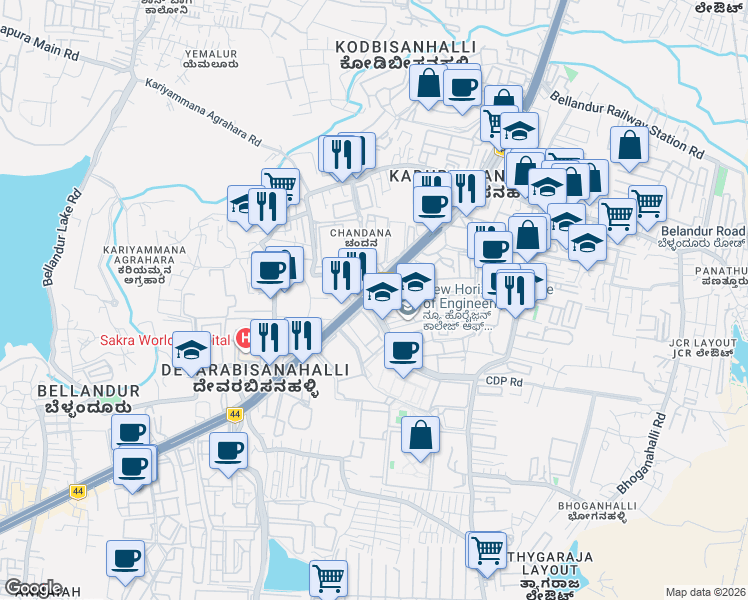 map of restaurants, bars, coffee shops, grocery stores, and more near 129 Marathahalli - Sarjapur Outer Ring Road in Bengaluru
