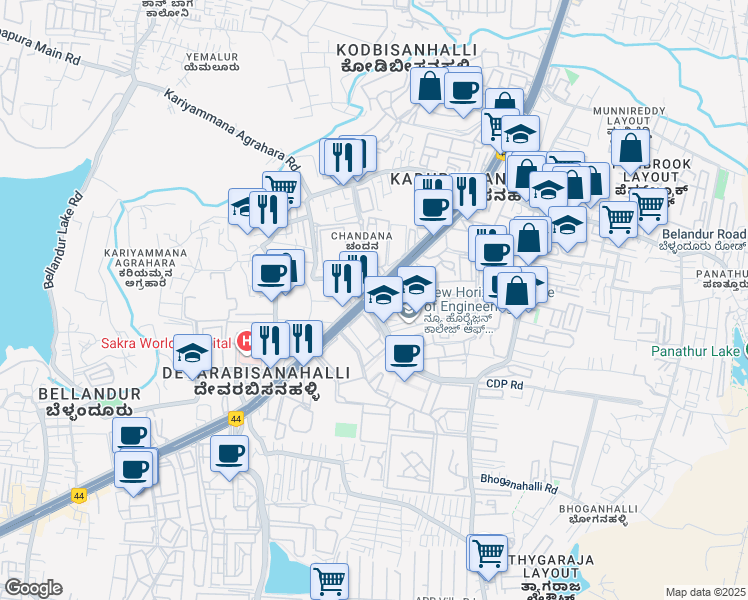 map of restaurants, bars, coffee shops, grocery stores, and more near 129 Marathahalli - Sarjapur Outer Ring Road in Bengaluru
