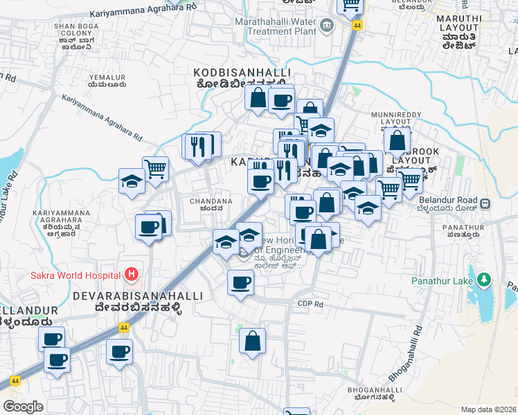 map of restaurants, bars, coffee shops, grocery stores, and more near Service Road in Bengaluru