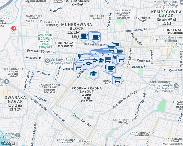 map of restaurants, bars, coffee shops, grocery stores, and more near 286 4th Cross Road in Bengaluru