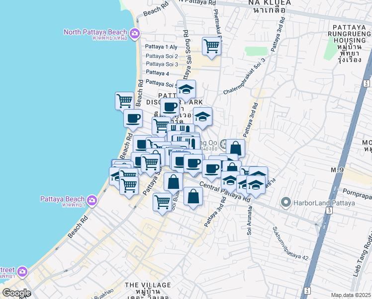 map of restaurants, bars, coffee shops, grocery stores, and more near Soi Phatthaya Klang 16 in Muang Pattaya