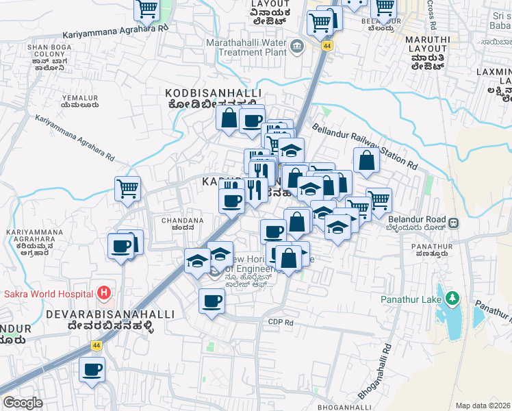 map of restaurants, bars, coffee shops, grocery stores, and more near in Bengaluru