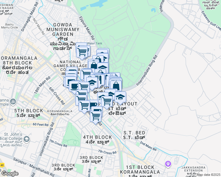 map of restaurants, bars, coffee shops, grocery stores, and more near 30 100 Feet Road in Bengaluru
