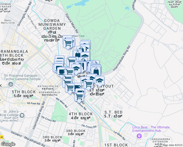 map of restaurants, bars, coffee shops, grocery stores, and more near 30 100 Feet Road in Bengaluru