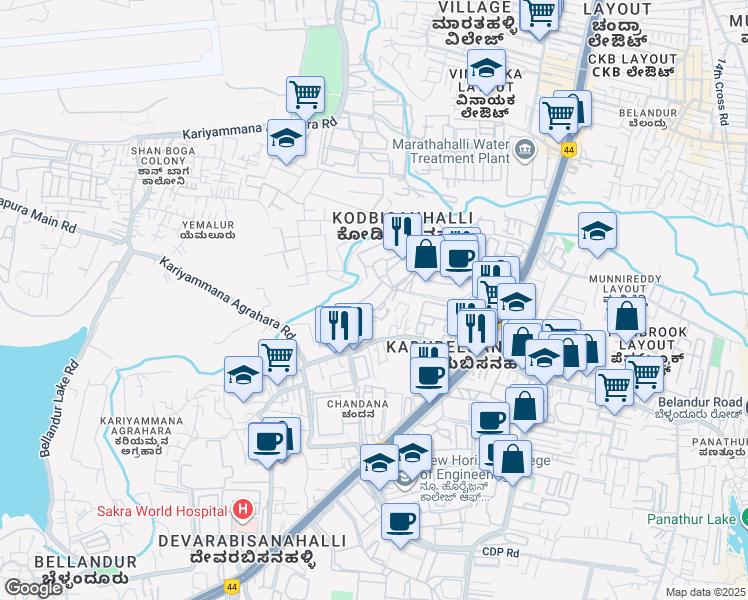 map of restaurants, bars, coffee shops, grocery stores, and more near Prestige Tech Park Internal Road in Bengaluru