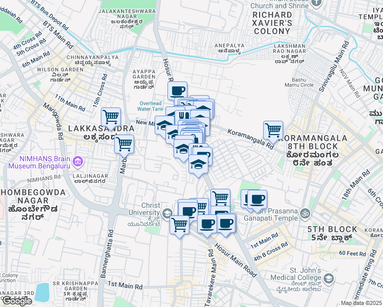 map of restaurants, bars, coffee shops, grocery stores, and more near 44 Hosur Road in Bengaluru