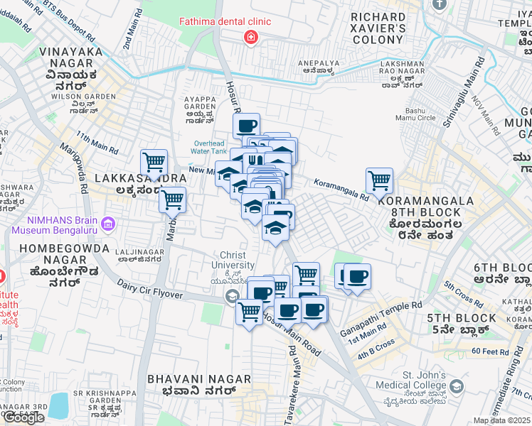 map of restaurants, bars, coffee shops, grocery stores, and more near 44 Hosur Road in Bengaluru