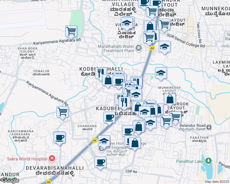 map of restaurants, bars, coffee shops, grocery stores, and more near Marathahalli - Sarjapur Outer Ring Road in Bengaluru