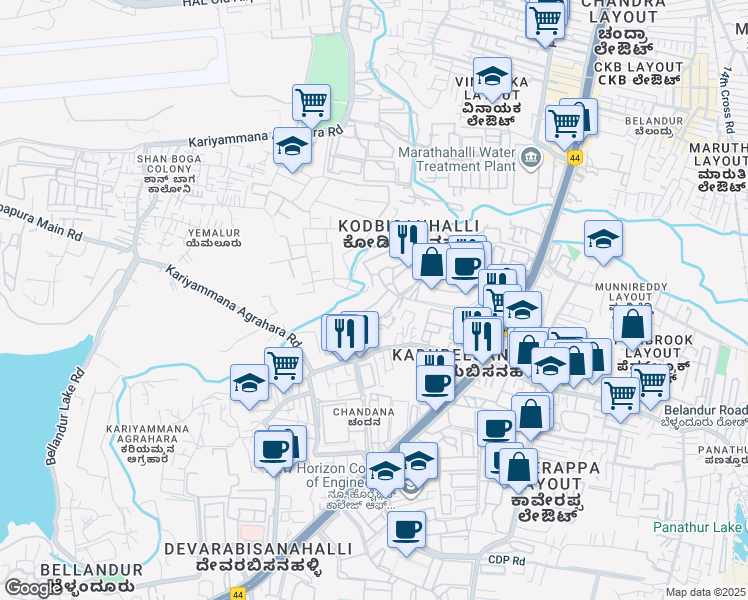 map of restaurants, bars, coffee shops, grocery stores, and more near Prestige Tech Park Internal Road in Bengaluru
