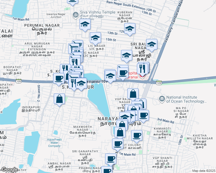 map of restaurants, bars, coffee shops, grocery stores, and more near 200 Feet Radial Road in Chennai