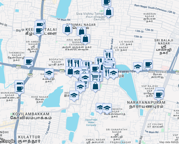 map of restaurants, bars, coffee shops, grocery stores, and more near 200 Feet Radial Road in Chennai