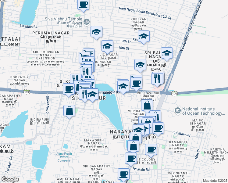 map of restaurants, bars, coffee shops, grocery stores, and more near 200 Feet Radial Road in Chennai