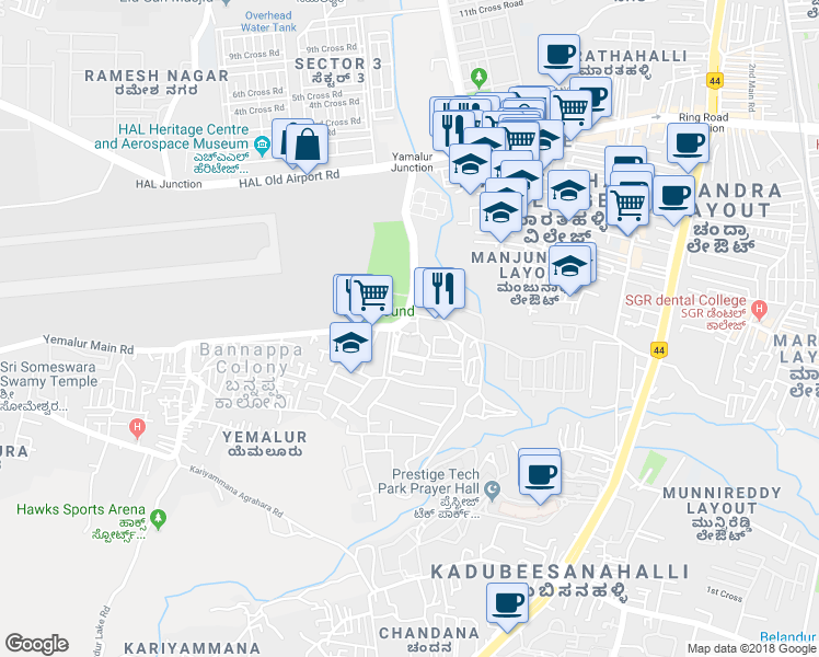 map of restaurants, bars, coffee shops, grocery stores, and more near 1 Kariyammana Agrahara Road in Bengaluru