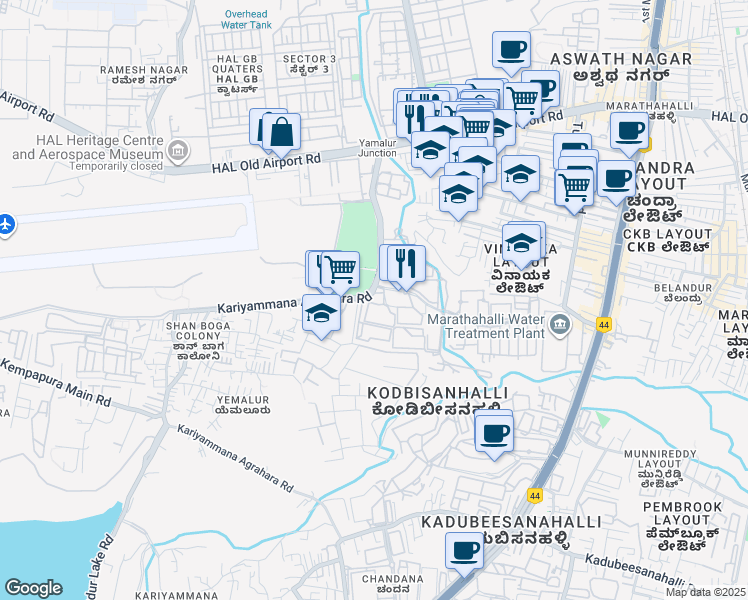map of restaurants, bars, coffee shops, grocery stores, and more near 1 Kariyammana Agrahara Road in Bengaluru