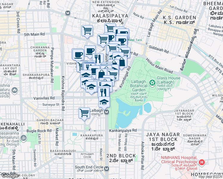 map of restaurants, bars, coffee shops, grocery stores, and more near KP Ramaiya Road in Bengaluru