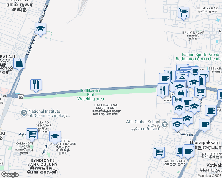 map of restaurants, bars, coffee shops, grocery stores, and more near 200 Feet Road in Chennai