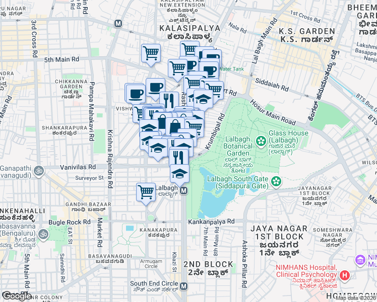map of restaurants, bars, coffee shops, grocery stores, and more near KP Ramaiya Road in Bengaluru