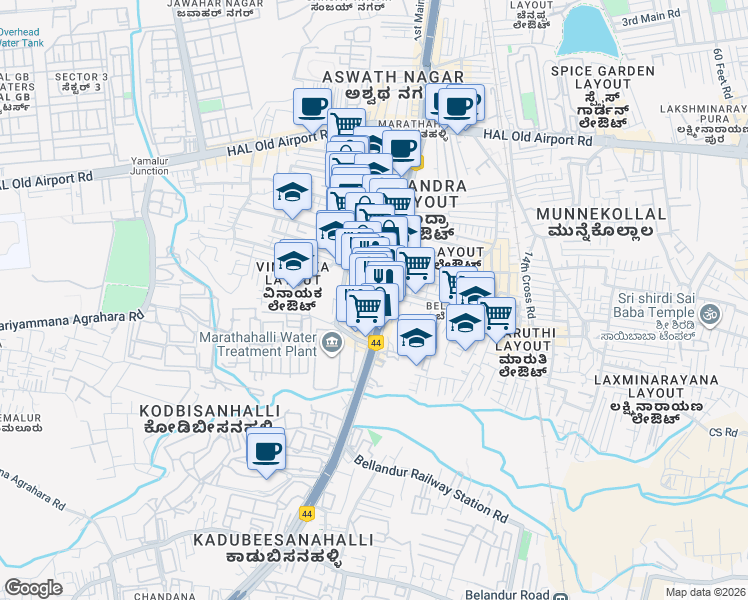 map of restaurants, bars, coffee shops, grocery stores, and more near 90/4 Outer Ring Road in Bengaluru
