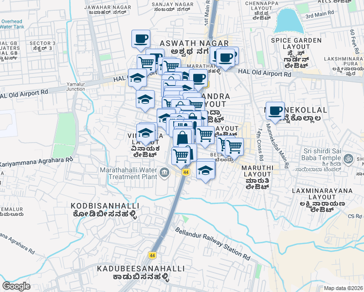 map of restaurants, bars, coffee shops, grocery stores, and more near 90/4 Outer Ring Road in Bengaluru
