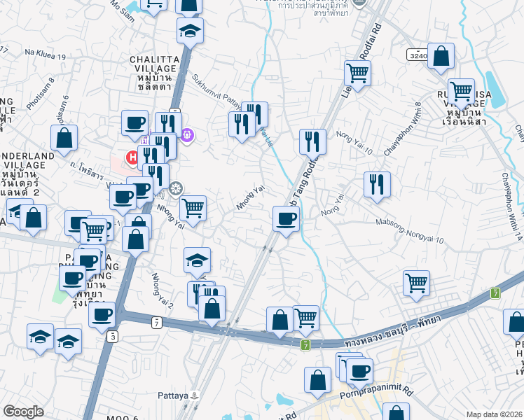 map of restaurants, bars, coffee shops, grocery stores, and more near Soi Nong Yai 10 in Muang Pattaya