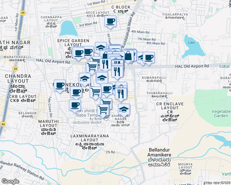 map of restaurants, bars, coffee shops, grocery stores, and more near 6th Cross Road in Bengaluru