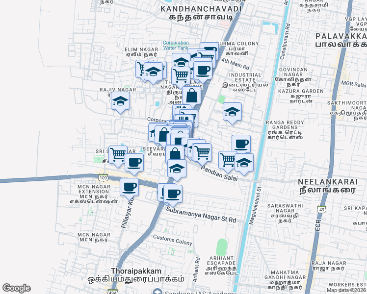 map of restaurants, bars, coffee shops, grocery stores, and more near 43 Old Mahabalipuram Road in Chennai