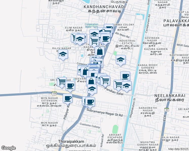 map of restaurants, bars, coffee shops, grocery stores, and more near 43 Old Mahabalipuram Road in Chennai