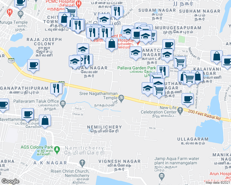map of restaurants, bars, coffee shops, grocery stores, and more near 4 200 Feet Radial Road in Chennai