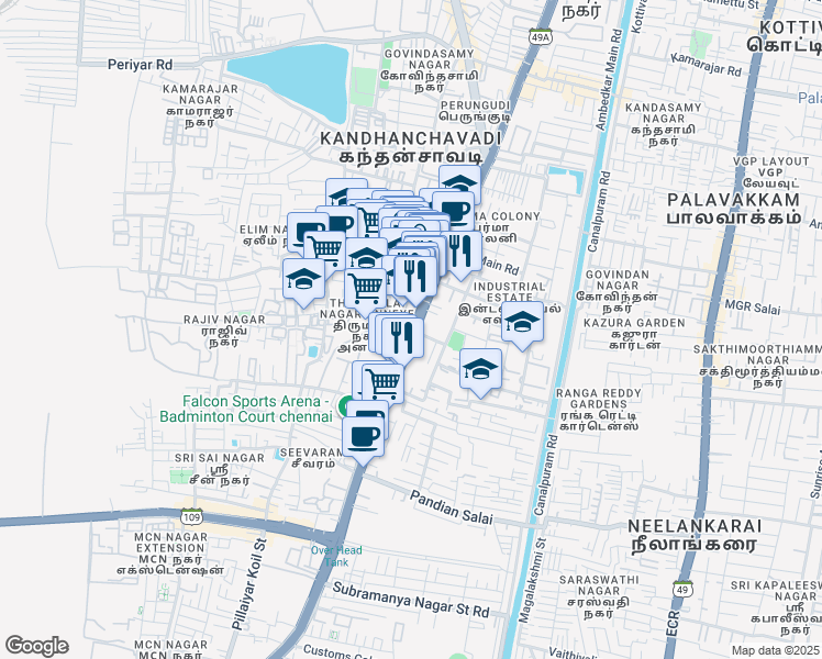 map of restaurants, bars, coffee shops, grocery stores, and more near Old Mahabalipuram Road in Chennai