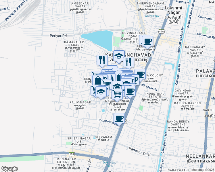 map of restaurants, bars, coffee shops, grocery stores, and more near in Chennai