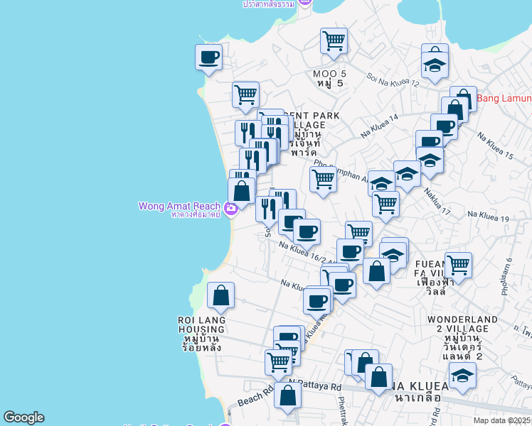 map of restaurants, bars, coffee shops, grocery stores, and more near Soi Saran Chol in Muang Pattaya