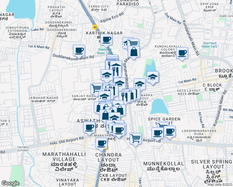 map of restaurants, bars, coffee shops, grocery stores, and more near 108 1st Main Street in Bengaluru
