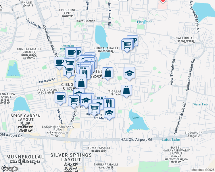 map of restaurants, bars, coffee shops, grocery stores, and more near ITPL Main Road in Bengaluru