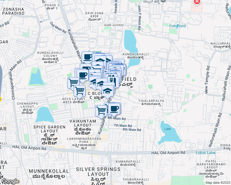 map of restaurants, bars, coffee shops, grocery stores, and more near ITPL Main Road in Bengaluru