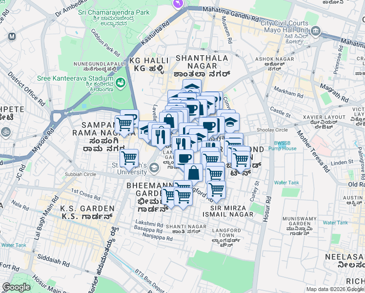 map of restaurants, bars, coffee shops, grocery stores, and more near 100 Richmond Road in Bengaluru