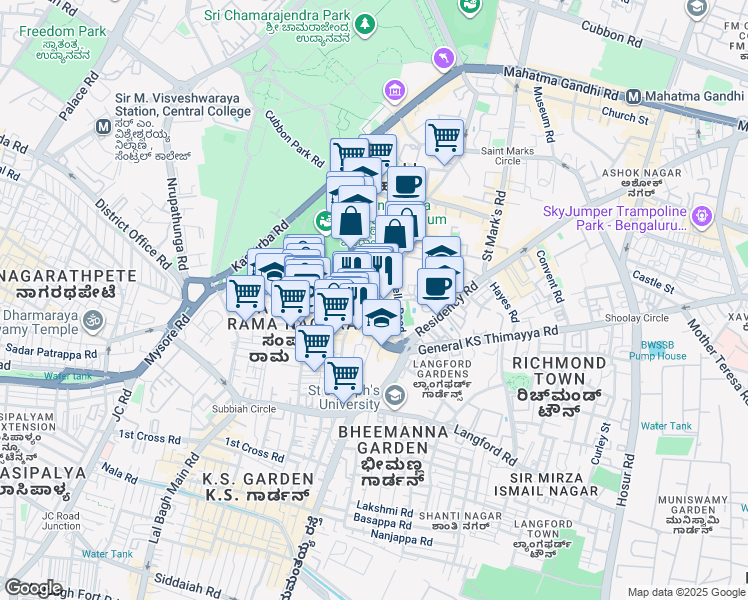 map of restaurants, bars, coffee shops, grocery stores, and more near 44-1 Residency Road in Bengaluru