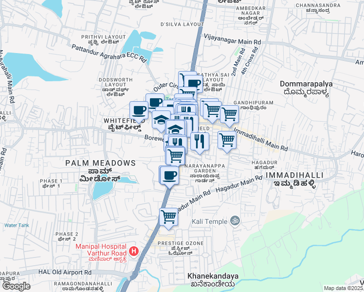 map of restaurants, bars, coffee shops, grocery stores, and more near 192 Whitefield Main Road in Bengaluru