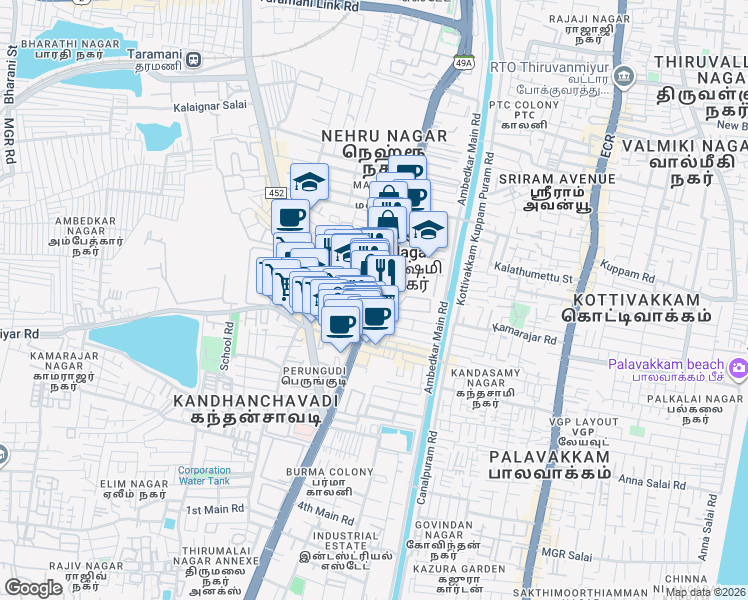 map of restaurants, bars, coffee shops, grocery stores, and more near 286/1 Old Mahabalipuram Road in Chennai