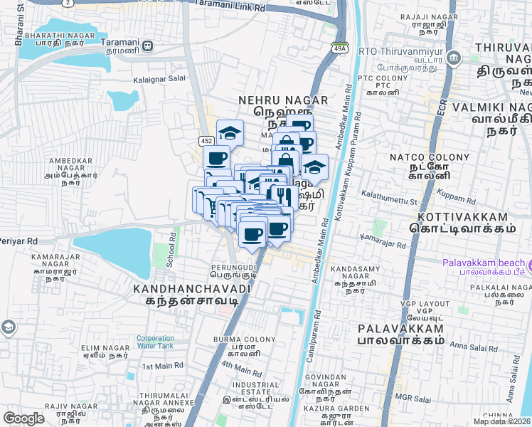map of restaurants, bars, coffee shops, grocery stores, and more near 286/1 Old Mahabalipuram Road in Chennai