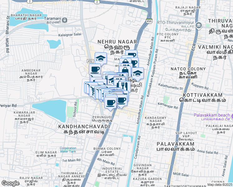 map of restaurants, bars, coffee shops, grocery stores, and more near 286/1 Old Mahabalipuram Road in Chennai