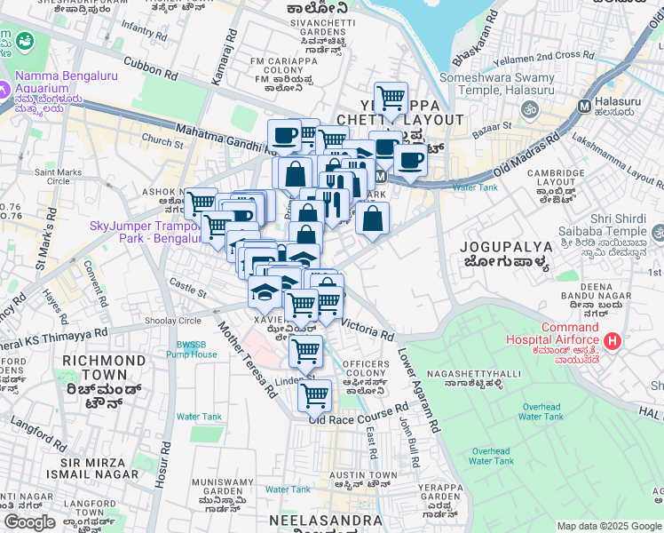 map of restaurants, bars, coffee shops, grocery stores, and more near 46 Richmond Road in Bengaluru